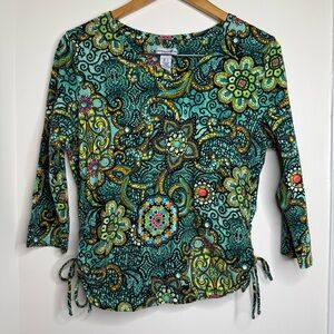 Caribbean Joe Mosaic Floral Print Tie Side Shirt 3/4 Sleeves Women’s Size Large